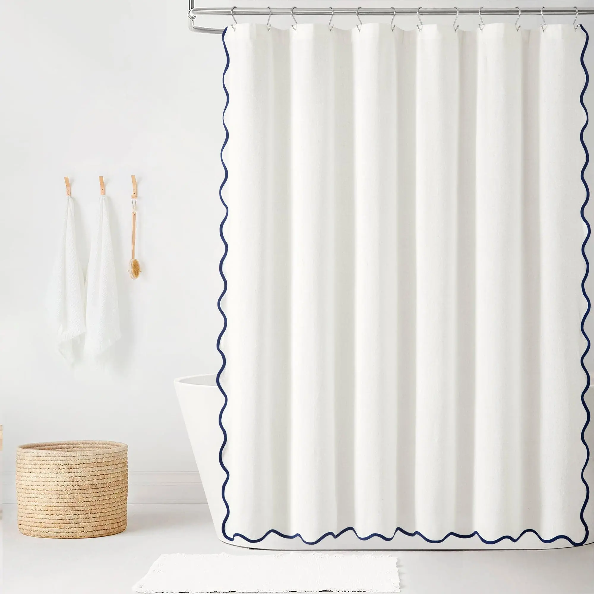 Lush Decor Coastal Chic Scalloped Edge Ironable Shower Curtain, 72"L x 72"W Polyester-Cotton Blend, Machine Washable Bathroom Accessory, Iron, Bathroom Decor, Ocean Decor