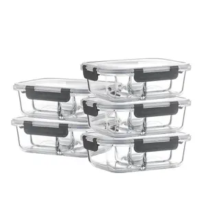 3-Grid Glass Lunch Container Set, Reusable Sealed Food Storage Box, Leakproof BPA-Free Glass Meal Prep Boxes for Daily Use, Clear