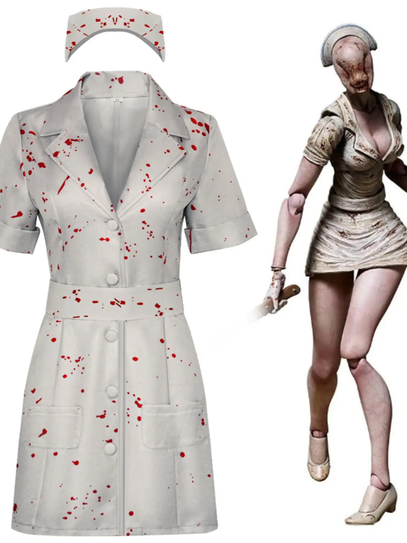 Silent Hill 2 Re Female Nurse Cosplay Dress, Horror Zombie Nurse Role Play Costume Outfit, Ditsy Floral Pattern, All Seasons Wear, Halloween