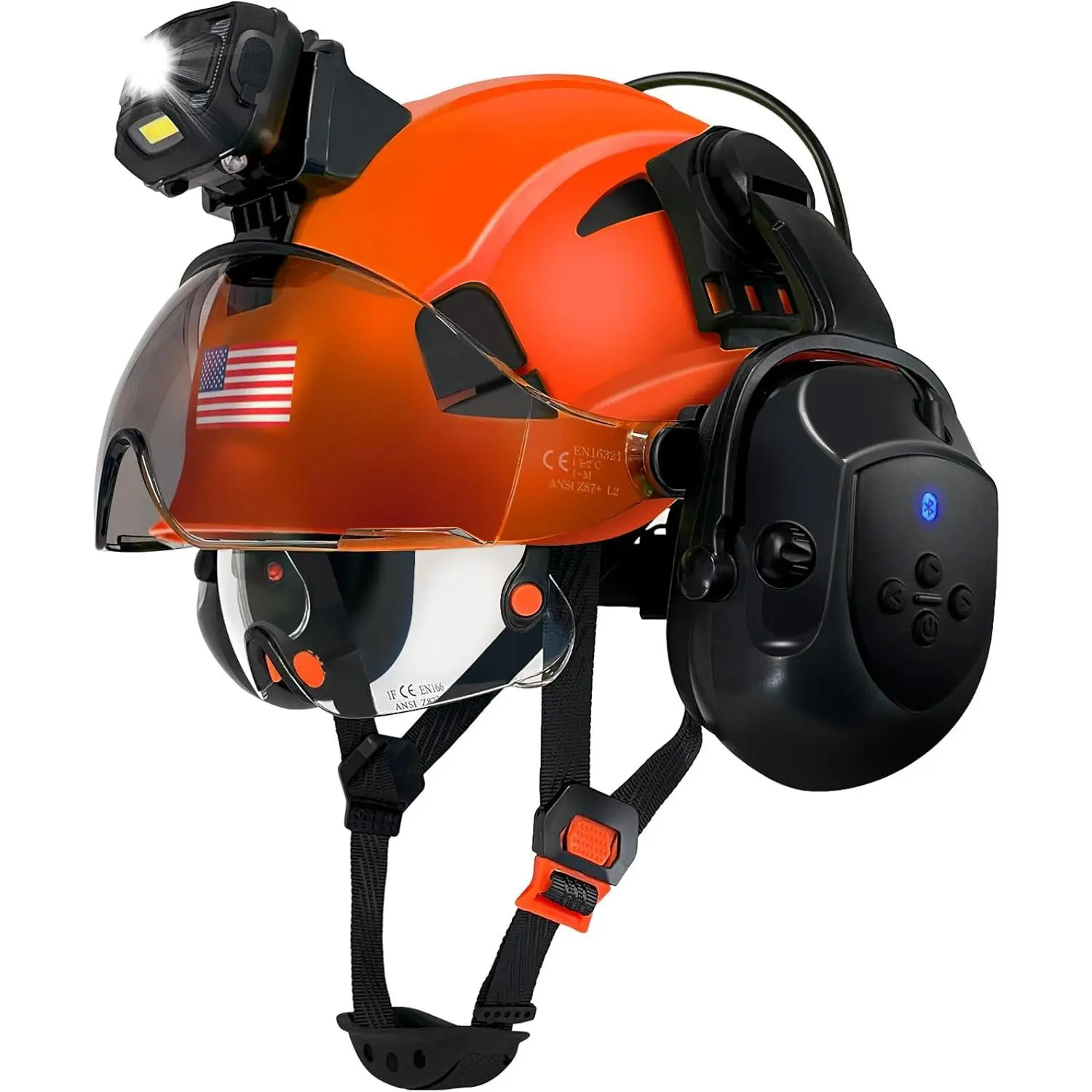 Vented Safety Helmet for Forestry with Built-in Headlamp, Bluetooth Ear Muffs for Hearing Protection, and Integrated Polycarbonate Visor, Integrated Visor, Outdoor Work