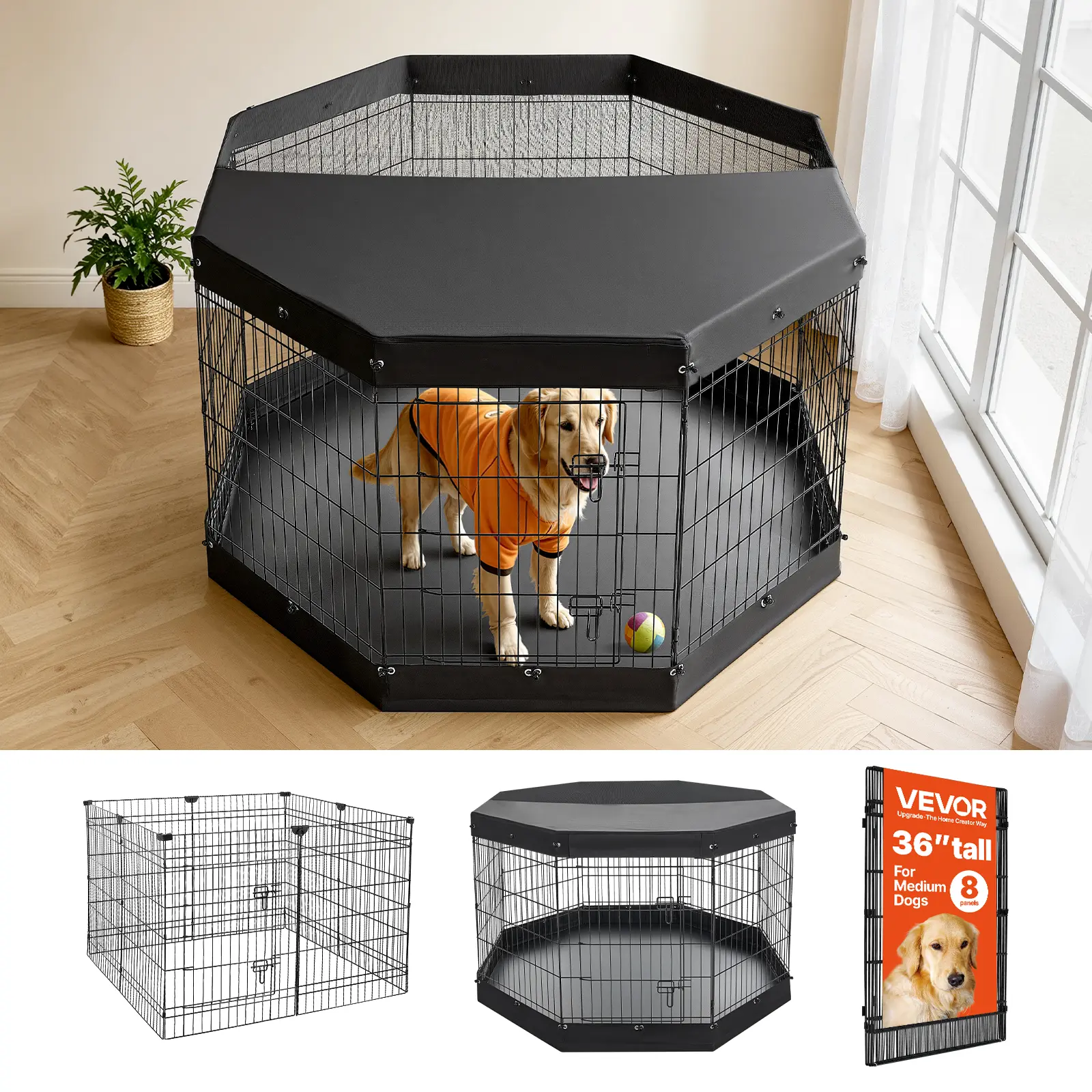 VEVOR 36-Inch 8-Panel Heavy Duty Foldable Metal Dog Playpen Set, Indoor Fence with Door, Top Cover & Bottom Pad, Puppy Kennel for Dogs & Small Animals, Black, Foldable Set