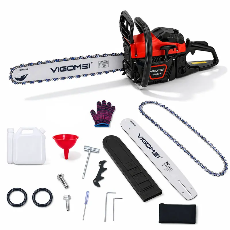 62cc Gas Chainsaw, 20-in/24-in Inches Bar & High-Strength Steel Chains, 3.8HP Handheld Petrol Power Tool with Handheld Grip & Shock Absorber, 12800 RPM Max Speed, Sawdust Splatter Reduction, Portable for Garden Tree Trimming & Wood Branch Cutting