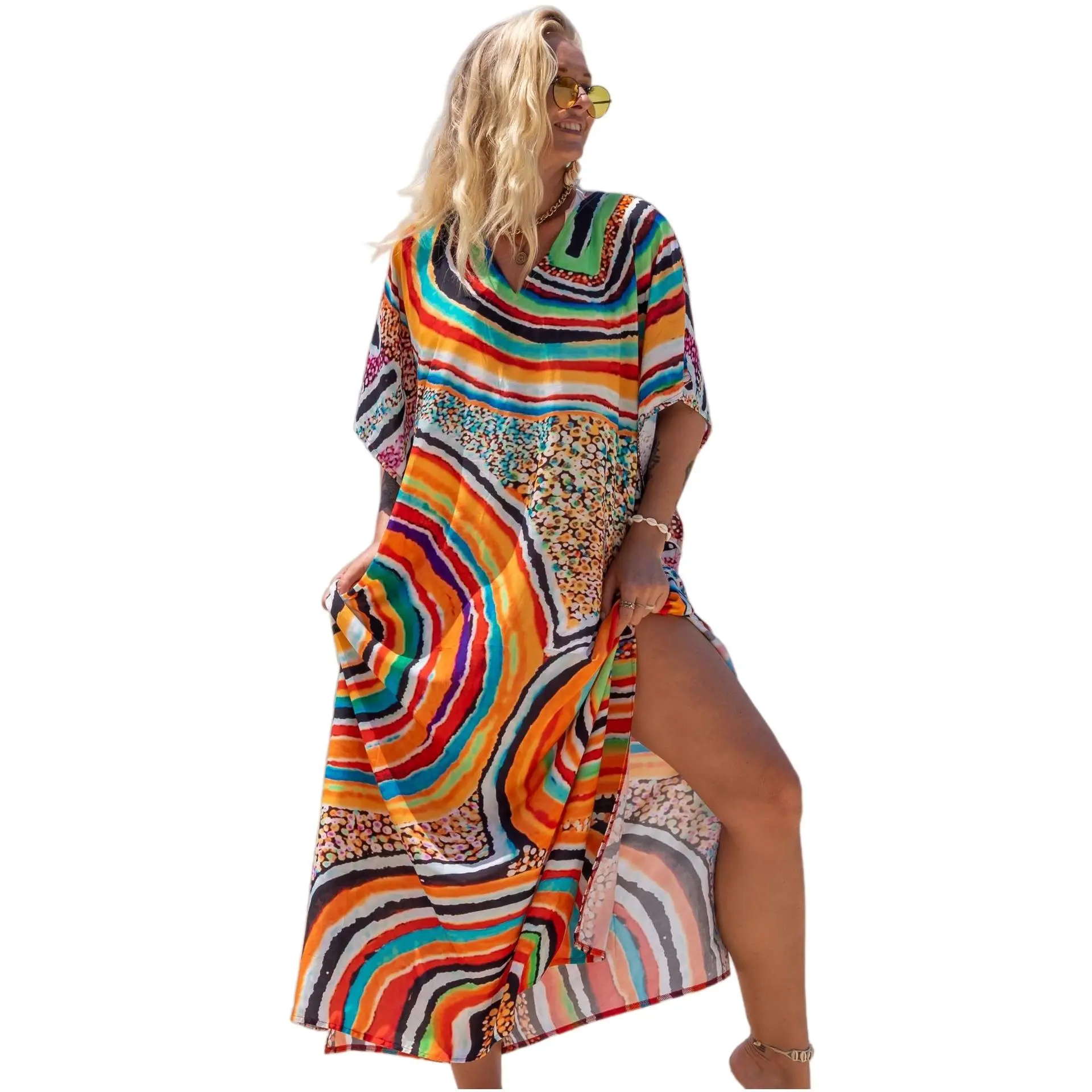 Women's Plus Size Casual Boho Kaftan Dress - Viscose Hippie Style Resort Wear with Rainbow Circle Print, Batwing Half Sleeves, Side Slits, Beach Cover-Up, Viscose Fabric, Hand Wash, Breathable, Cool Summer Feel, Beach‑To‑Evening