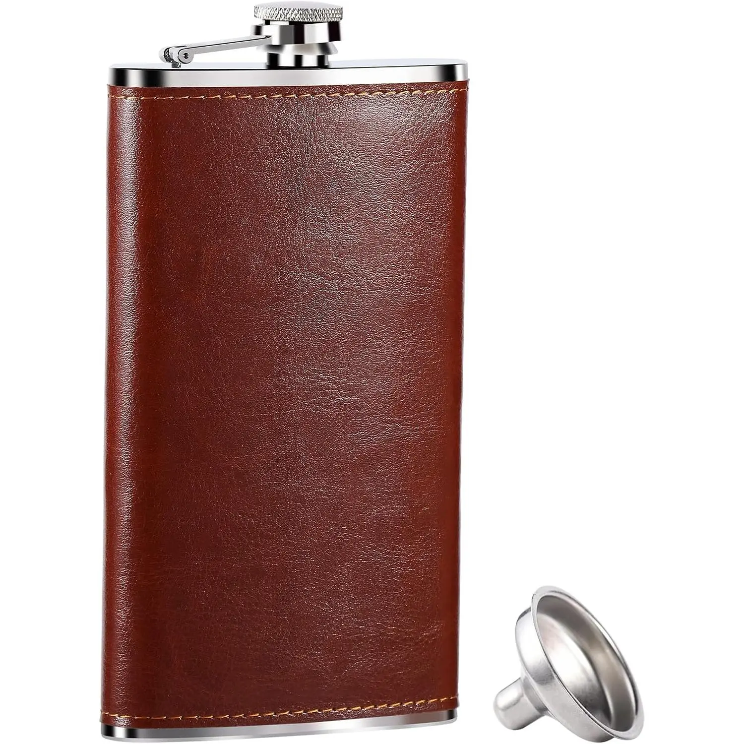 10oz Whiskey Flask for Men - Stainless Steel Hip Flask with Brown Leather, Leakproof with Funnel & Never Lose Cap, Gift for Men,