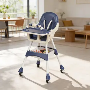 2 In 1 Adjustable Baby High Chair, Dual Mode Toddler Dining Chair with PU Cushion & Cotton Pad, Detachable Tray, Lockable Wheels & Storage Basket, Blue