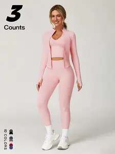 Women's Sporty Three-piece Set, Top & Leggings & Open Front Outerwear for Gym Running, Ladies Sporty Style Clothes for All Seasons, Gym Clothes Set，Casual Fashion for Daily Wear, Stylish Design, Yoga Workout Activewear