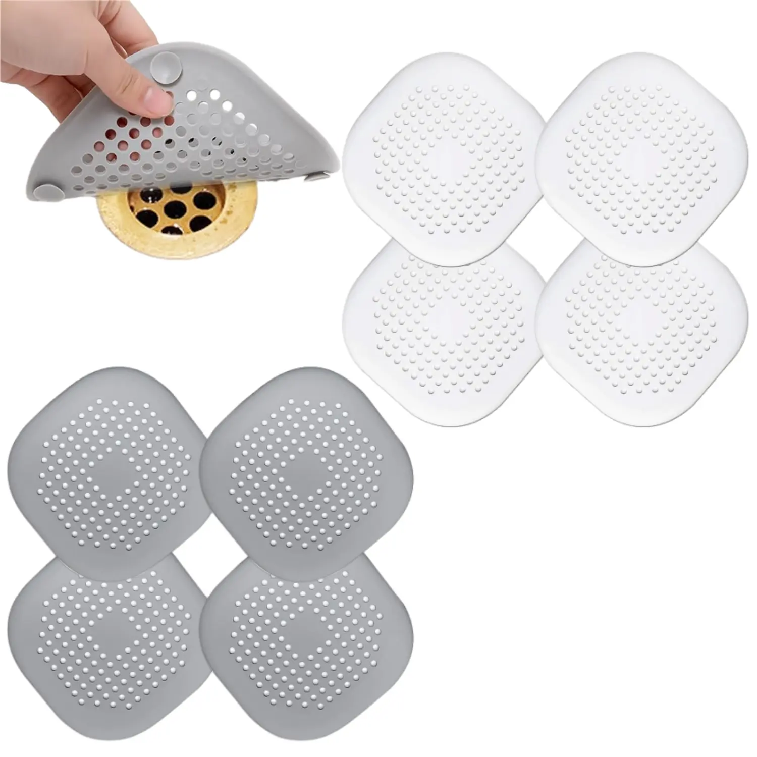 8PCS Hair Drain Catcher Square for Shower, Drainer Cover Silicone Hair Stopper with Suction Cups, Protector Accessories, Easy to Install Suit for Bathroom, Bathtub, Sink