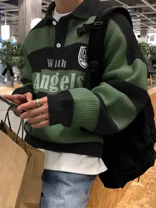 Men's Pattern Striped Print Knit Polo Sweater, Knitwear, Color Block Loose Fitted Button Knitted Top Retro Lapel Collared Long Sleeve Knitted Outwear, Soft Warm Knit Jacket Wear Fall Winter Sweatshirt Outfit Daily Life Going Out Work Club Wear