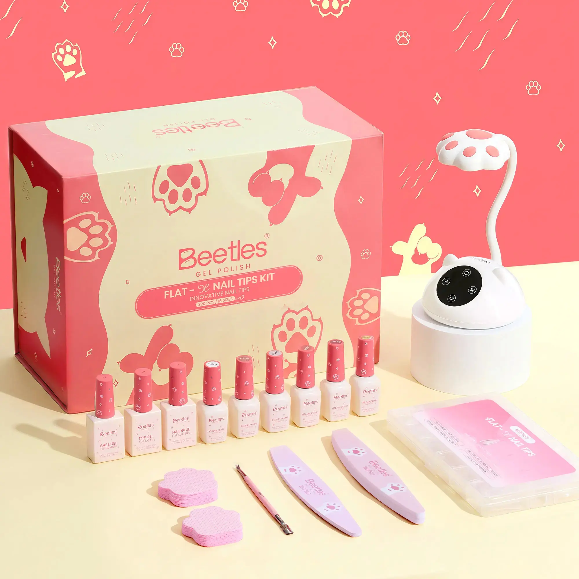 Beetles Flat-X Soft Gel Nail Tips Kit, 320Pcs Almond Nail Extension Tips with UV LED Cat Paw Lamp, 6 Gel Polish Colors, Nail Glue, Base Coat & Top Coat, 16 Sizes DIY Home Manicure Set