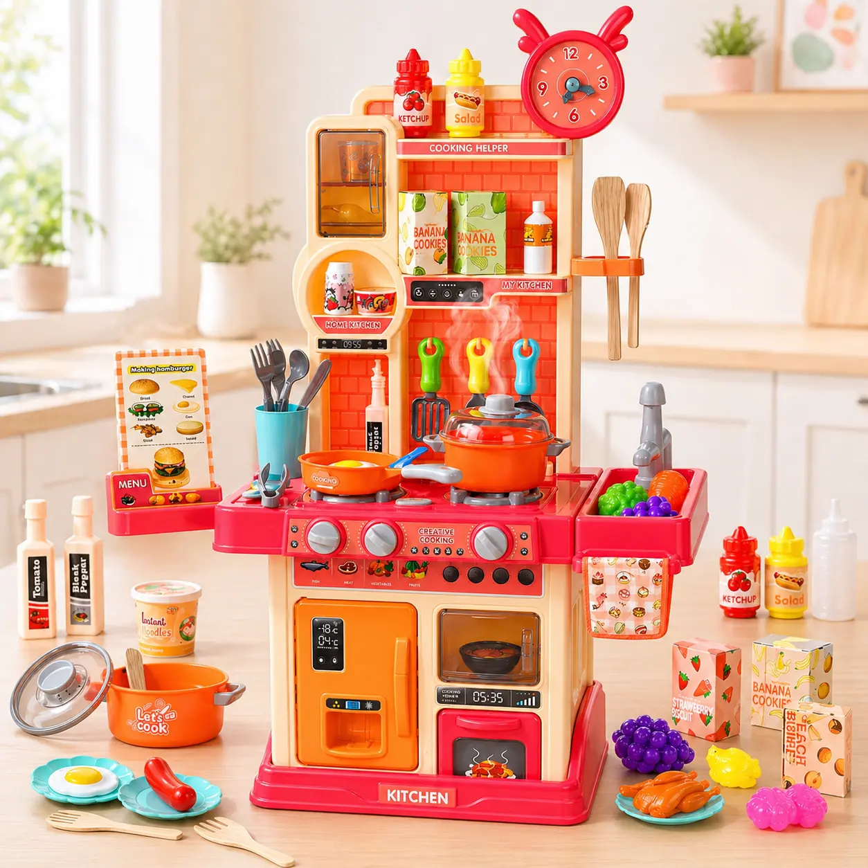Kids Kitchen Toy Set 45PCS Pretend Play with Steam Stove Water Circulation Sink Sound Light Effects Playset
