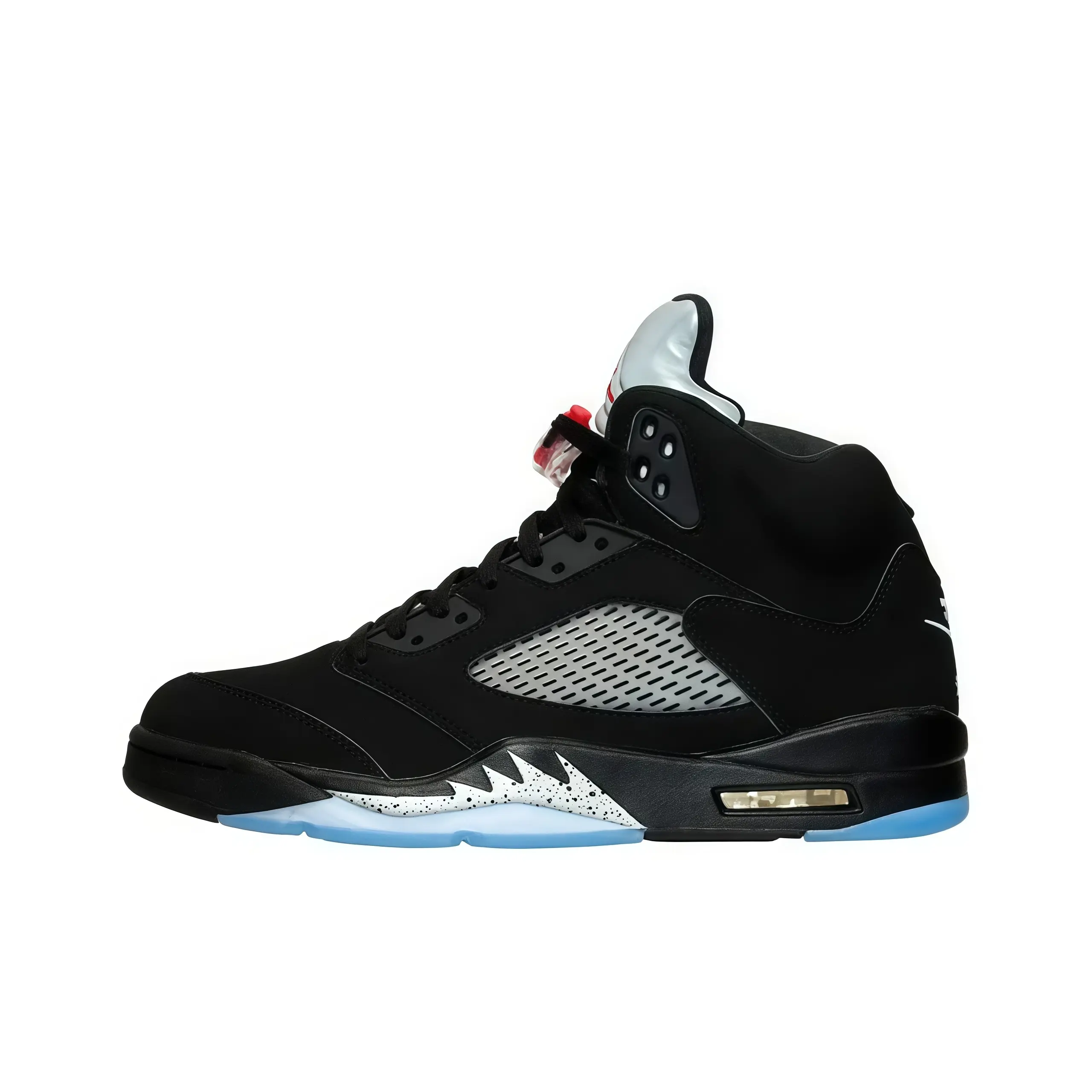 High top basketball sneakers black upper white speckled decoration translucent light blue sole padded ankle lightweight fit festival essential eye catching unisex breathable sport casual footwear