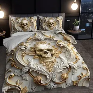 3-Piece Gold Skull Bedding Set, Includes 1 Fitted Sheet & 2 Pillowcases, Unique Design, Soft Comfort, Bedroom Decor, Decorative Bedsheet Sets
