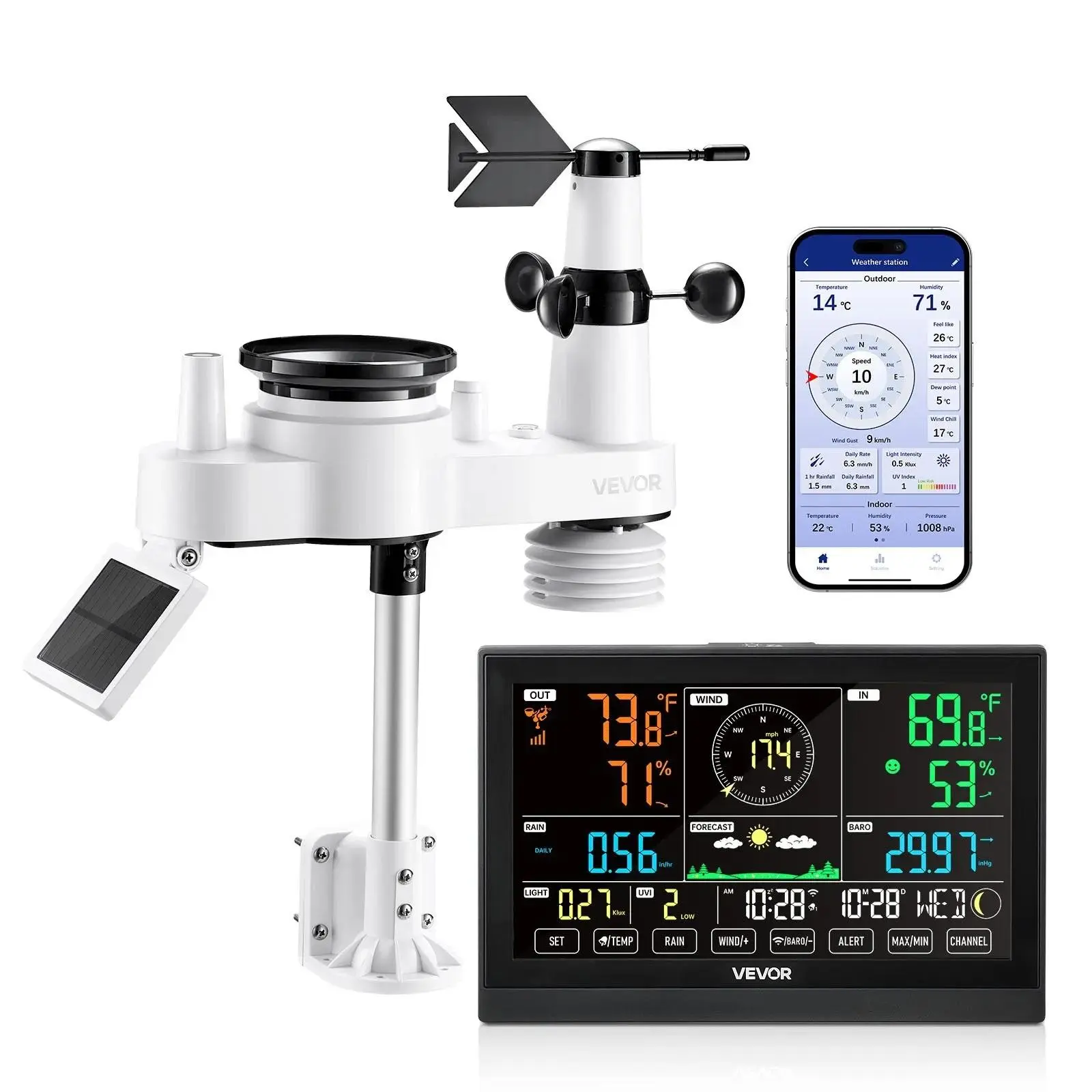 【Summerfinds】VEVOR 7-in-1 Wi-Fi Weather Station with APP, 7.5-Inch VA Display, Wireless Solar Powered Outdoor Sensor, Rain Gauge, Indoor Outdoor for Weather Forecast, Wind Speed, Temperature, Humidity, Rainfall