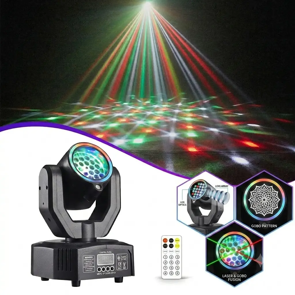 XDV  32W Mini Moving Head Light, 3-in-1 RGBW Bee Eye DJ Stage Lights with Green Laser & Halo Effect, Sound Activated DMX Control for Party Disco Wedding KTV，Halloween Party