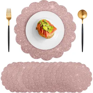 60Pcs Thick Rose Gold Glitter Paper Placemats & Coasters, 13.5in Disposable Scalloped Round Sparkle Tableware, Decorative for Wedding, Birthday Parties