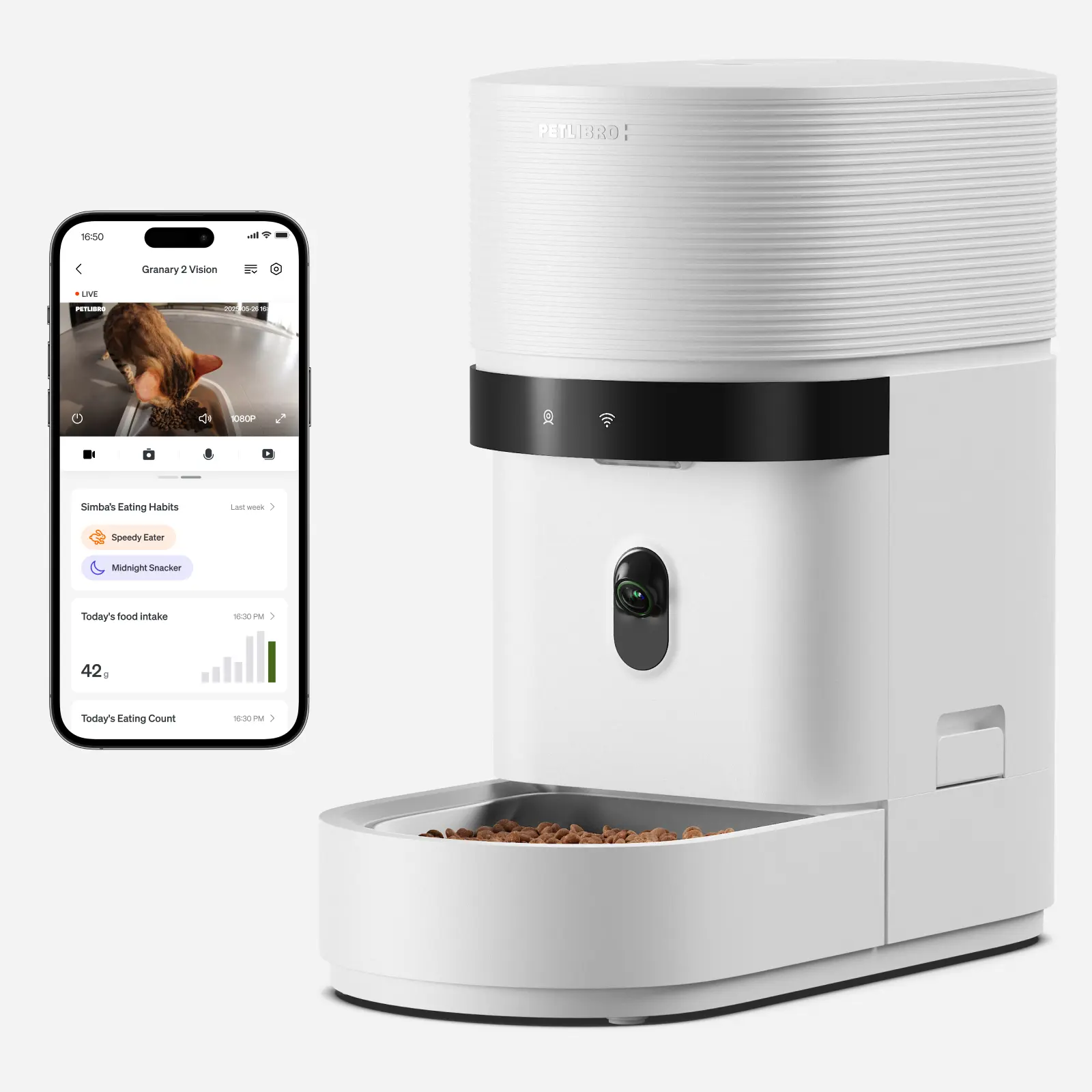 PETLIBRO Automatic Cat Feeder with Camera, Scale AI Smart Food Intake Track | Cat face recognition body feature scan each pet, 1080P HD night vision 5GHz WiFi app care, precision feeding scale 1g control