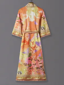 Women's Mermaid Print Kimono, Elegant Retro Chic 3/4 Sleeve Open Front Kimono, Lightweight Cover-Up Clothes for Vacation Travel, Stylish Summer Dress Womenswear