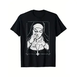 Casual T-shirt Funny Unholy Drug Nun Costume Essential Costume T-Shirt for Men Women Couple Casual Crew Neck Short Sleeve Tee Breathable Cotton Fabric Graphic Menswear Crewneck Tshirt