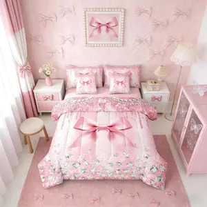 Bowknot Glitter Girls Pink 7 Piece Bedding Set,Bow Coquette Comforter Bed Set with Sheets,Cute Ribbon Kawaii Bed Bag,Women Kids Bed Set