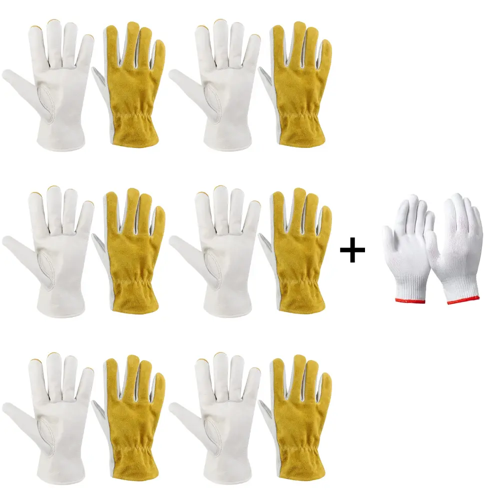 6-Pair Cow Split & Grain Leather Work Gloves for Men & Women, Cowhide Welding Gloves, Reinforced Palm, Puncture Resistant Construction & Gardening Gloves, Adjustable Wrist, S-XL