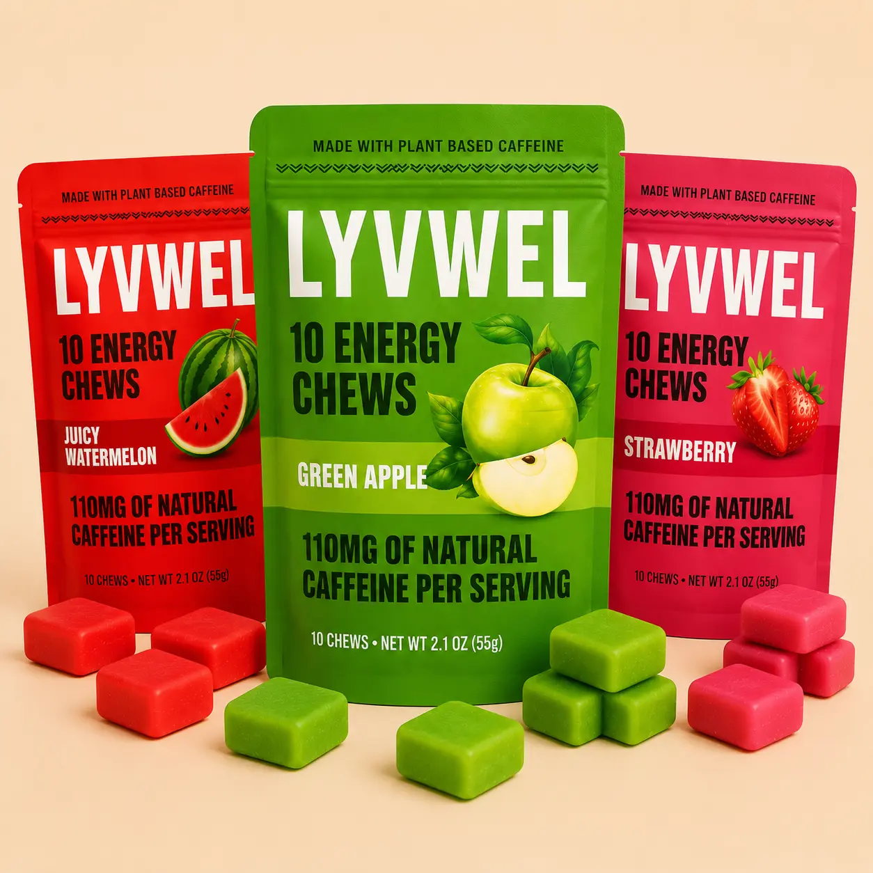 LyvWel Energy Taffy Chews – 110mg Plant-Based Caffeine Per Serving | Soft Taffy Energy Chews | 10 Chews Per Pack | Strawberry, Watermelon & Green Apple | Variety or 3-Pack