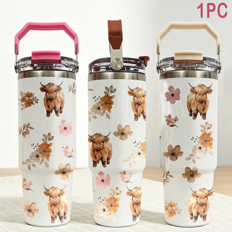 30oz Highland Cow Pattern Water Bottle, Stainless Steel Insulated Cup, Insulated Drinkware, Single Outlet Drinking Cup with Handle, Ideal Gift for Students and Adults