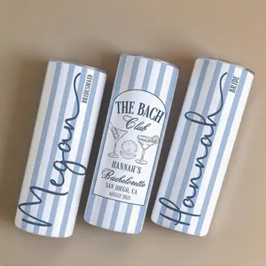 BojjiCo Insulated Stainless Steel Stylish Portable Skinny Tumbler - Custom-Printed Water Bottles, Personalized Plastic Coastal Bachelorette Drinkware, Light Blue and White Striped, Preppy Nautical Aesthetic, Bridesmaids Bridal Party Favor Gifts