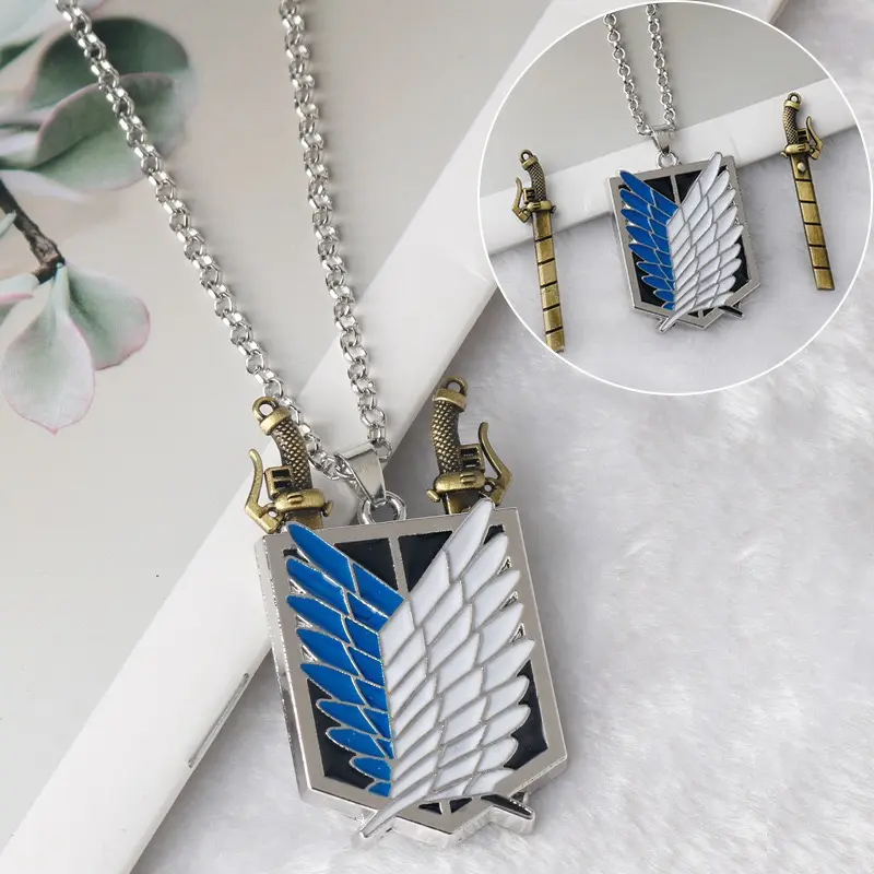 Attack on Titan Wings of Freedom Necklace, Survey Corps Enamel Pendant with 3DManeuver Gear Charms, Anime Cosplay Jewelry, Unisex Metal Chain Necklace, Gift for AOT Anime Fans