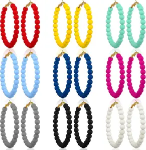 9 Pairs  Beaded Hoop Earrings for Women Bohemian Round Bead Earrings Mixed Color Dangle Bulk Summer Beachy Set(Bright, )