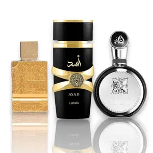 Lattafa | Asad + Amber Oud Gold + Fakhaar Man | 3 - Piece Multi Pack Fragrance Set by Lattafa | 100 ML each Perfume Blend