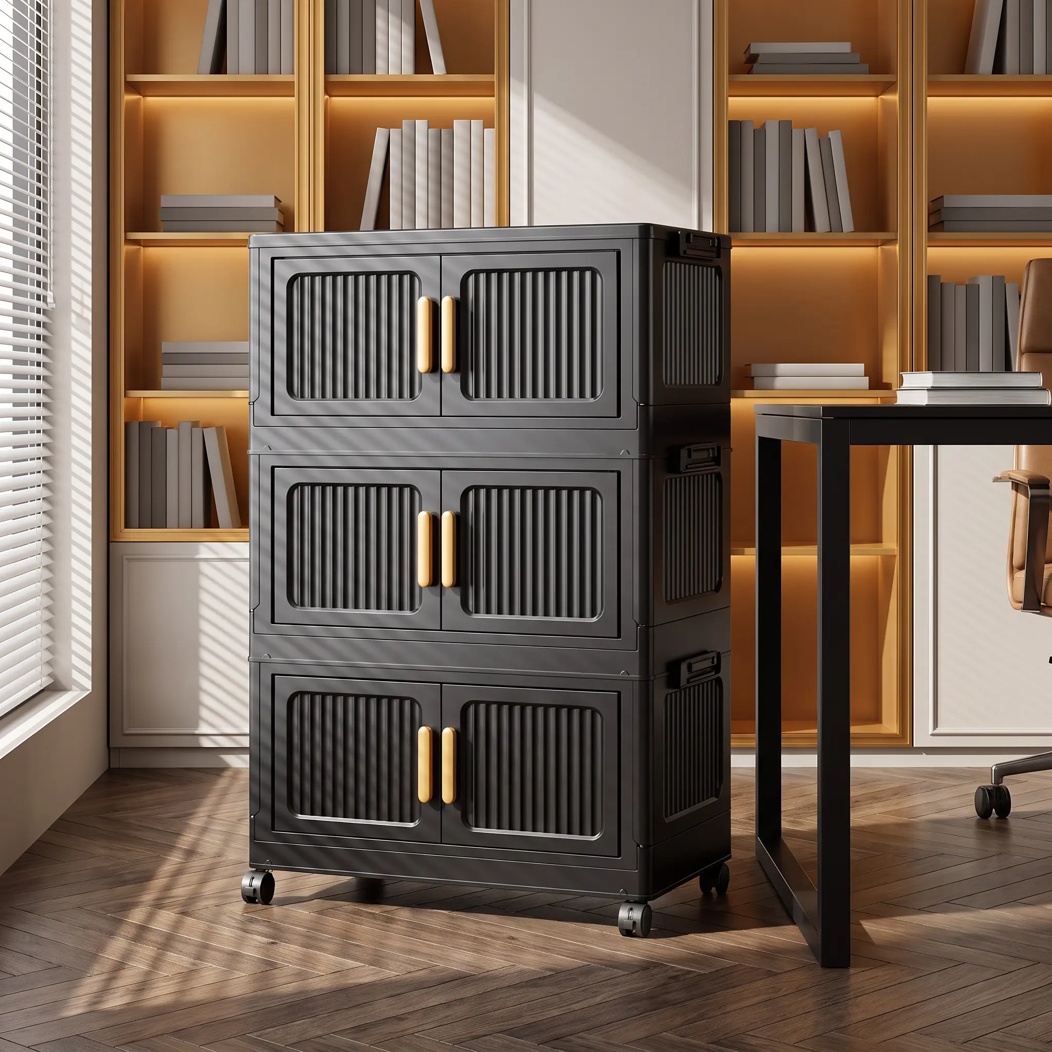 【SummerWins】3-Tier Foldable Storage Cabinet with Wheels, Black Stackable Organizer Bin with Doors & Golden Handles, Freestanding Closet Shelf for Kitchen Pantry Living Room Bedroom