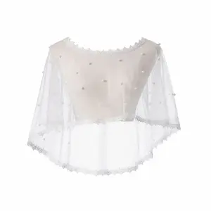 Bridal Lace Pearl Sheer Tulle Cape Cover-Up, Elegant Wedding Shawl for Brides
