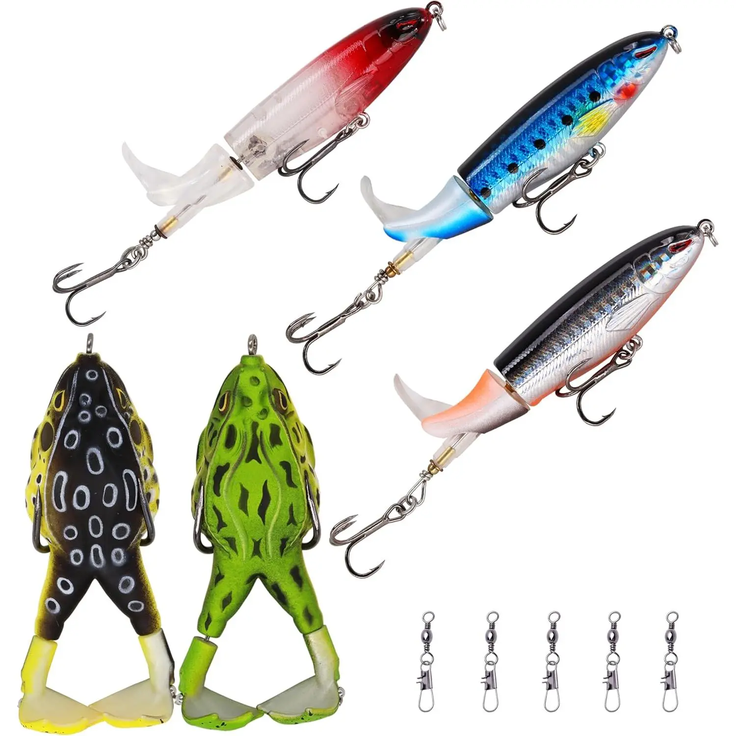 5PCS Topwater Soft Plastic Frog Lures Set - Plopping Propeller Tail Bait with 3D Eyes, Lifelike Simulation Pattern, Fade-Resistant, Convenient for Storage, Easy to Carry, Cost-Effective for Freshwater Bass Fishing in Lakes & Freshwater Environments