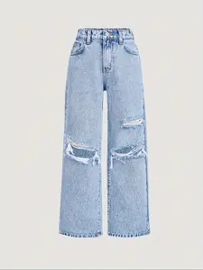 Teen Girls Loose Fit Ripped Wide Leg Jeans With Pockets, Comfortable Denim Jeans for All Seasons, Casual Style, Moderate Fabric Thickness