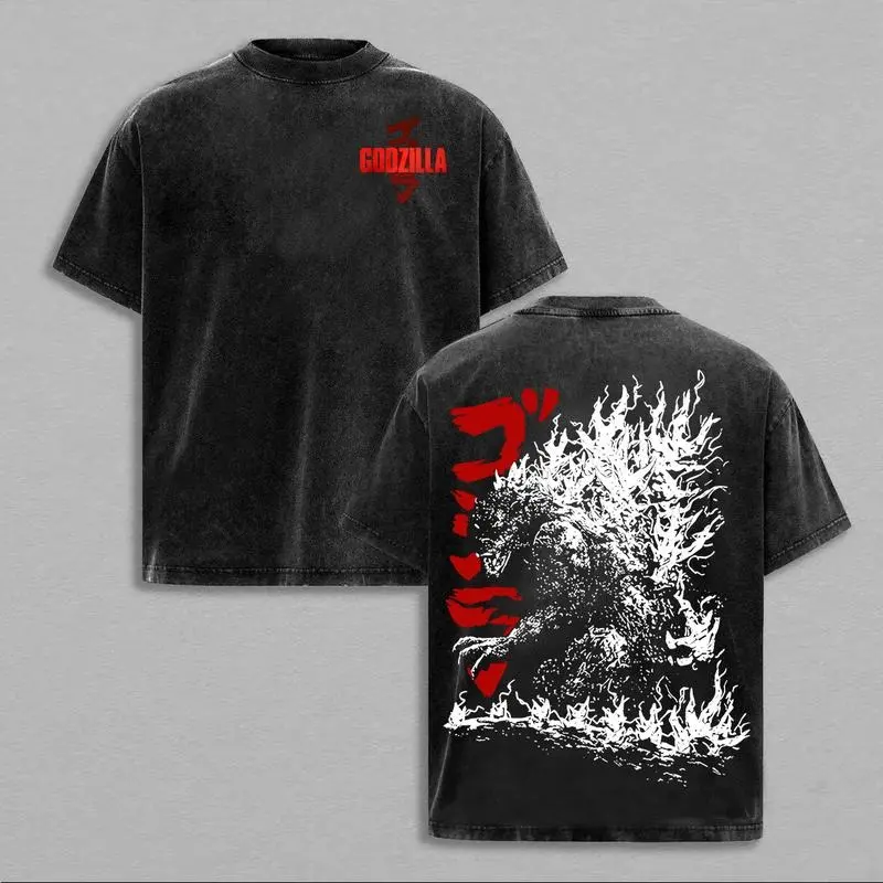 Men's Retro Godzilla Graphic T-Shirt, Vintage Washed Heavyweight Cotton Tee with Round Neck and Oversized Streetwear Fit, Figure Print, Heavy Cotton, Graphic Tee, Fitted, Shortsleeve, Top
