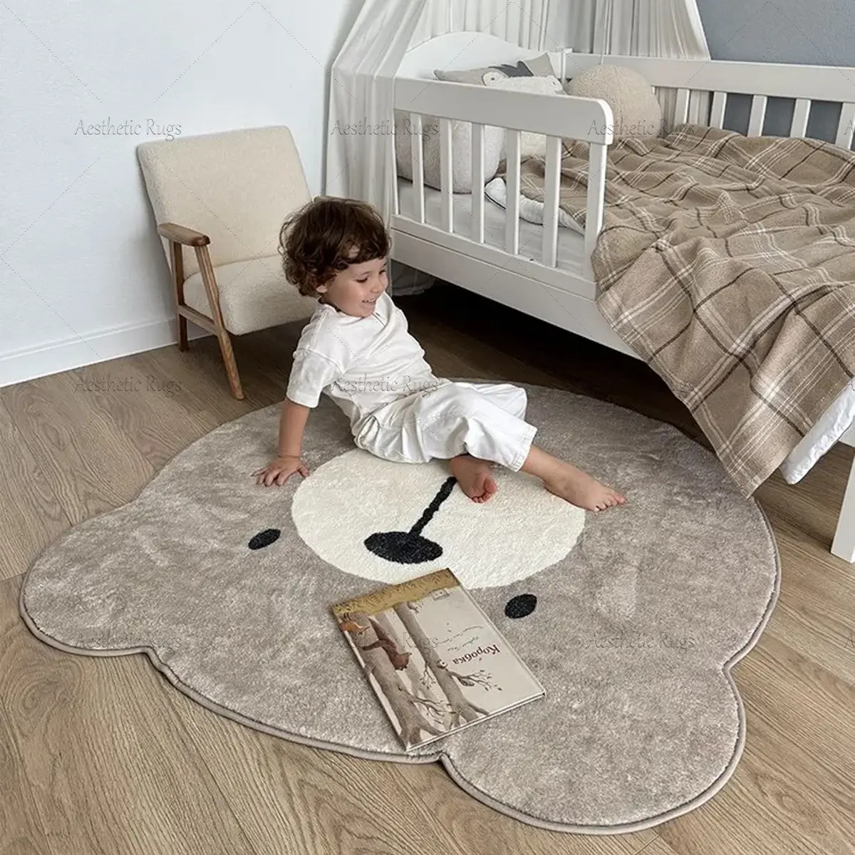 Room Round Carpet, Cute Bear Design, Modern Nordic Style Nursery Rug, Soft Plush Mat for Living Room Bedroom Playroom, Home Decor Rugs, Fluffy Area Rug, Kawaii Rug, Decorative Rug, Indoor Modern Rug