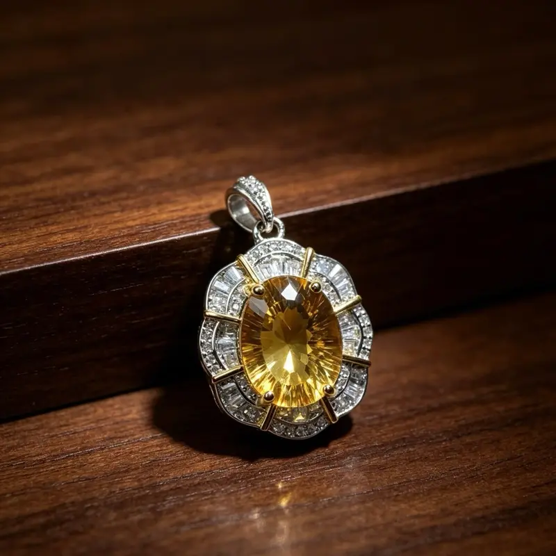 <PingEast jewelry > citrine——925 Sterling Silver Pendant | 9x11mm Natural Citrine with Ripple Bezel (Chain Not Included)