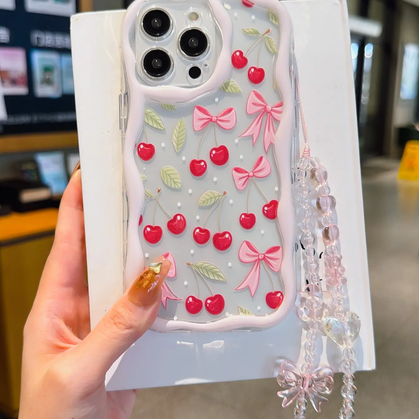 Polka Dot Cherry Tpu Wave Edge Anti-Drop Shockproof Phone Case for Apple iPhone 16/16 Pro Max/11/13/14/15, Girls' Holiday Gift, Fashion Lanyard Included, Protector