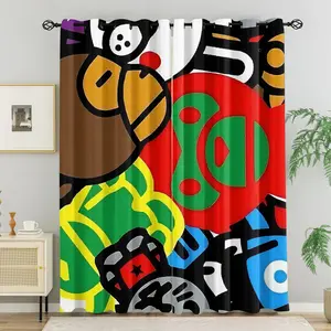 BAPE High Saturation Color Block Ape Head Cartoon Patchwork Curtain Set 2 Pcs, Window Curtain, No Rod Included, Washable Polyester Fabric, Multifunctional Home Decor, Perfect for Bedroom Living Dorm Insulation & Ultraviolet Rays