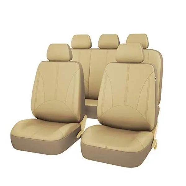 9-Piece PU Universal Car Seat Cover Set - Front Seat Covers, Rear Seat Cover, Universal Fit, Individual Bagged Packing, and PU Faux Leather Upholstery, Beige