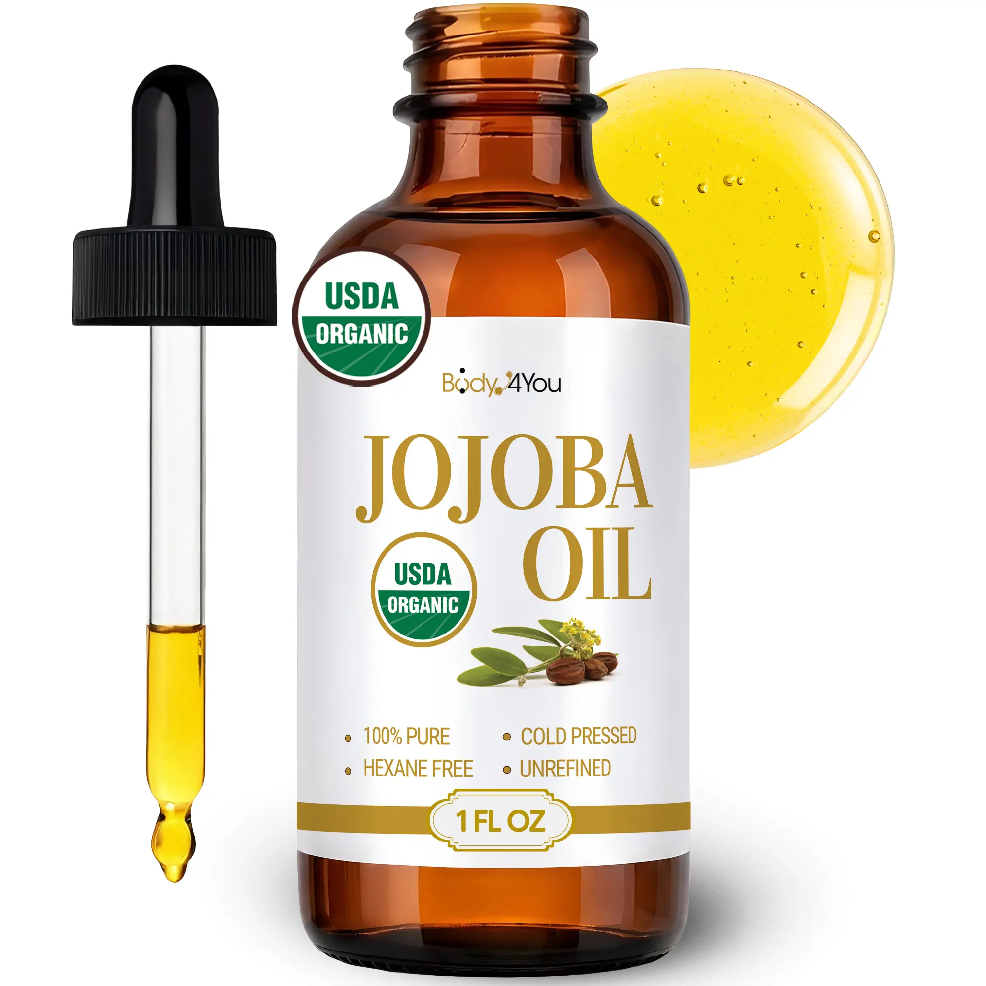BodyJ4You Jojoba Oil for Face Skin - USDA Organic 100% Pure Cold Pressed - Facial Dermaplane Gua Sha Hair Growth Piercings Nails Fur Oil - Unrefined Carrier Hexane Free Natural - Base Carrier Wax