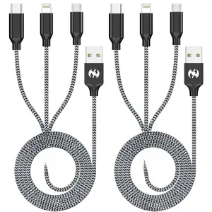 Multi Charging Cable 6ft 2Pack 3 in 1 Charger Cord, Multiple Rapid Nylon Braided Cable USB Charging Cable Multi Phone Charger Cord with Type C Micro Lightning USB Connectors for Cell Phones