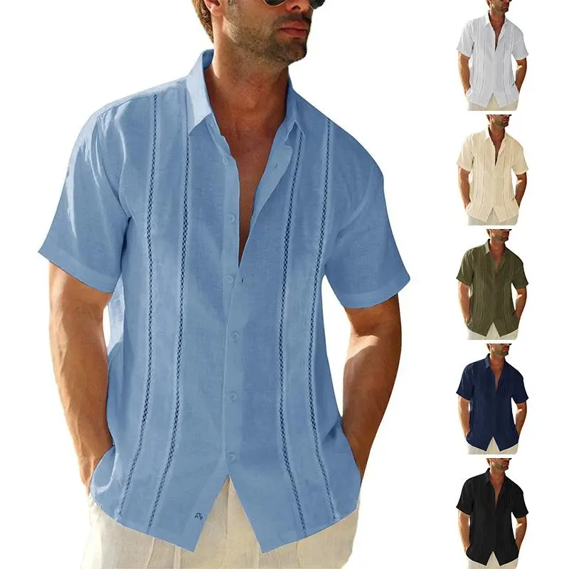 PASLTER Men's Short-Sleeve Linen-Cotton Fabric Button-Down Shirt - Traditional Mexican Embroidered, Relaxed Fit, Soft, Cuban Wedding & Summer Casual Kurta Top,clothes for back to school,first day of school outfits