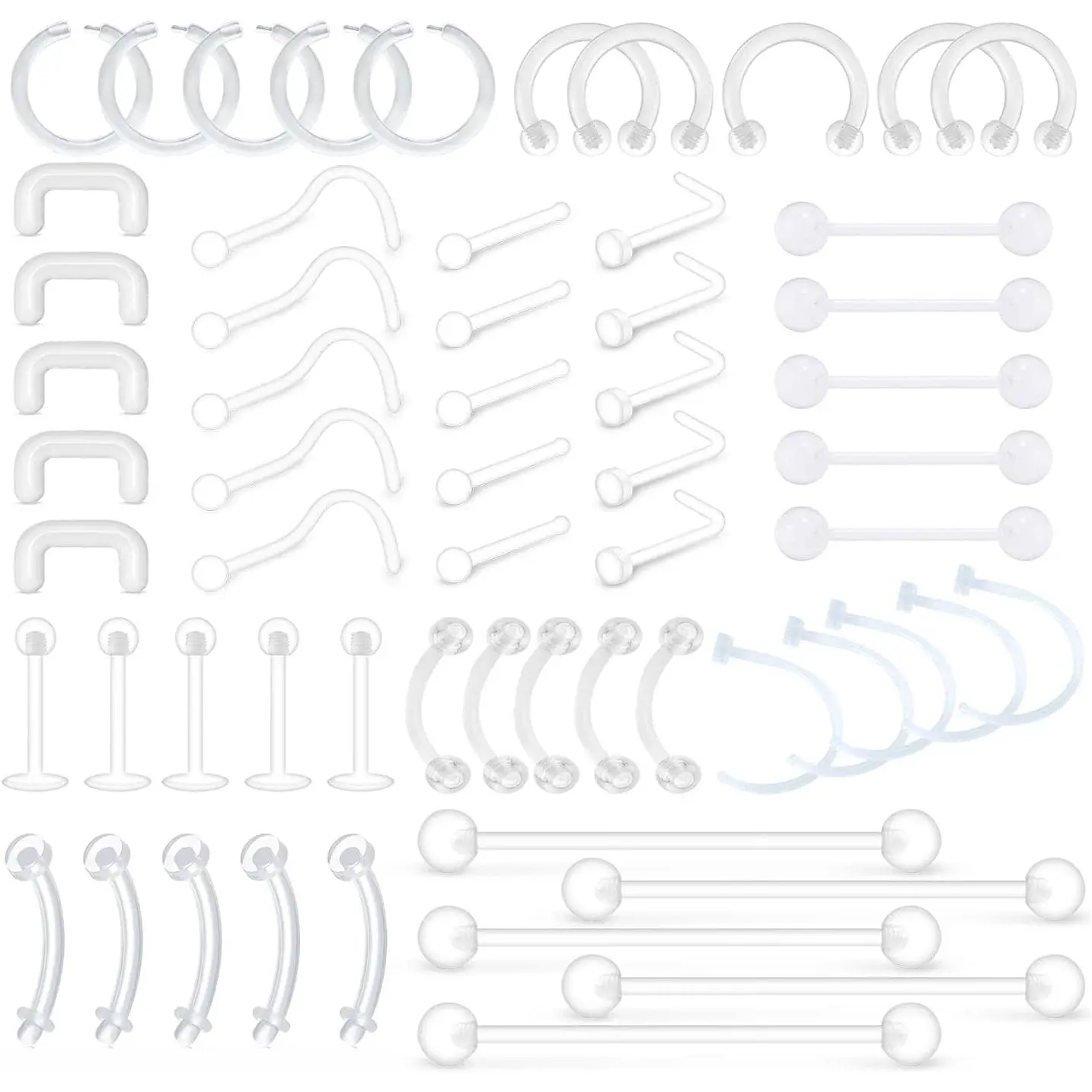 Mix Set Clear Piercing Retainers Septum Retainer Nose Studs Flexible Lip Ear Nose Tongue Rings Nipplering Cartilage Rook Daith Earrings Horseshoe Plastic Industrial Piercing Retainer for Work