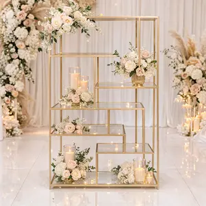 6FT Gold Dessert Stand for Wedding Sweet Tables with Glass Shelves and Floral Displays