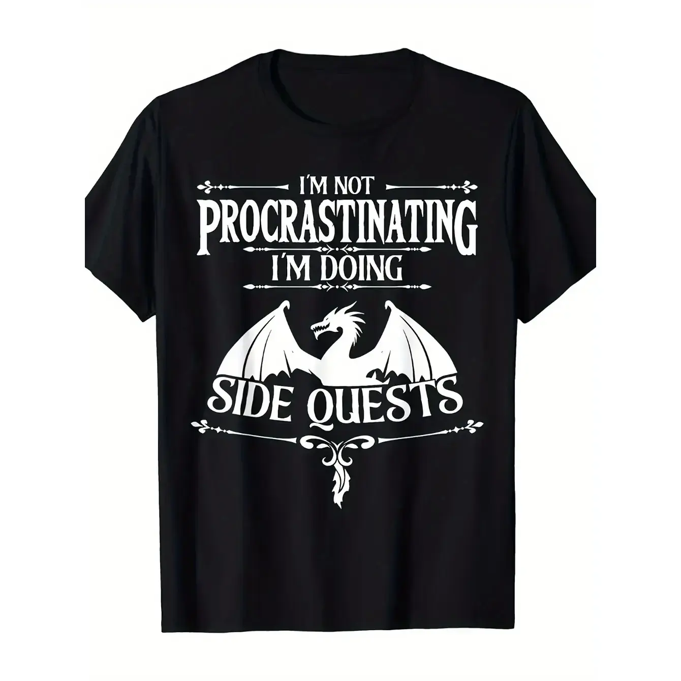 Crew Neck T-Shirt with Dragon Graphic and Not Procrastinating, Doing Side Quests Slogan - Casual Style, Short Sleeve, Regular Fit, Knit Fabric - Summer Collection, Valentine's Day Gift.