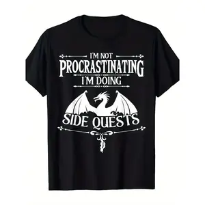 Crew Neck T-Shirt with Dragon Graphic and Not Procrastinating, Doing Side Quests Slogan - Casual Style, Short Sleeve, Regular Fit, Knit Fabric - Summer Collection, Valentine's Day Gift.