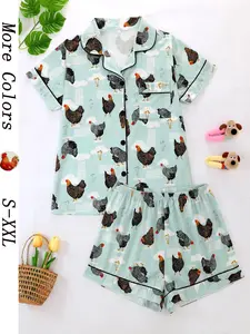 Women's Summer Cool Short Sleeve Sleepwear Set, 2 Piece Button Front Top and Elastic Shorts, Cartoon Chicken Print, All Seasons Comfortable Fit