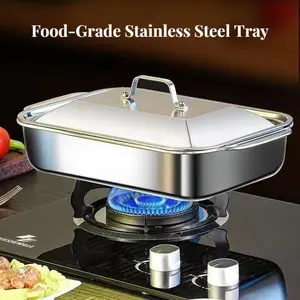 Food-Grade Stainless Steel Tray, Seafood Plate, Baking Pan With lid, Deep Design, Larger Capacity, Compatible with Induction Cooker, Oven, Gas Stove, Kitchen Essential, Multi-Use Roasting Tray, Cooking Must-Have