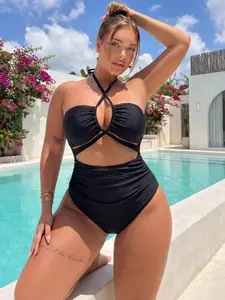 Plus Size Sexy One Piece Swimsuit, Adjustable Strap Backless Design, Leopard Patchwork Style for Beach Vacations & Photos, Swim Bodysuit, Solid Backless Swimsuit, Adjustable Straps Swimsuit, Tummy Control Swimsuit, Tummy Control Swimwear